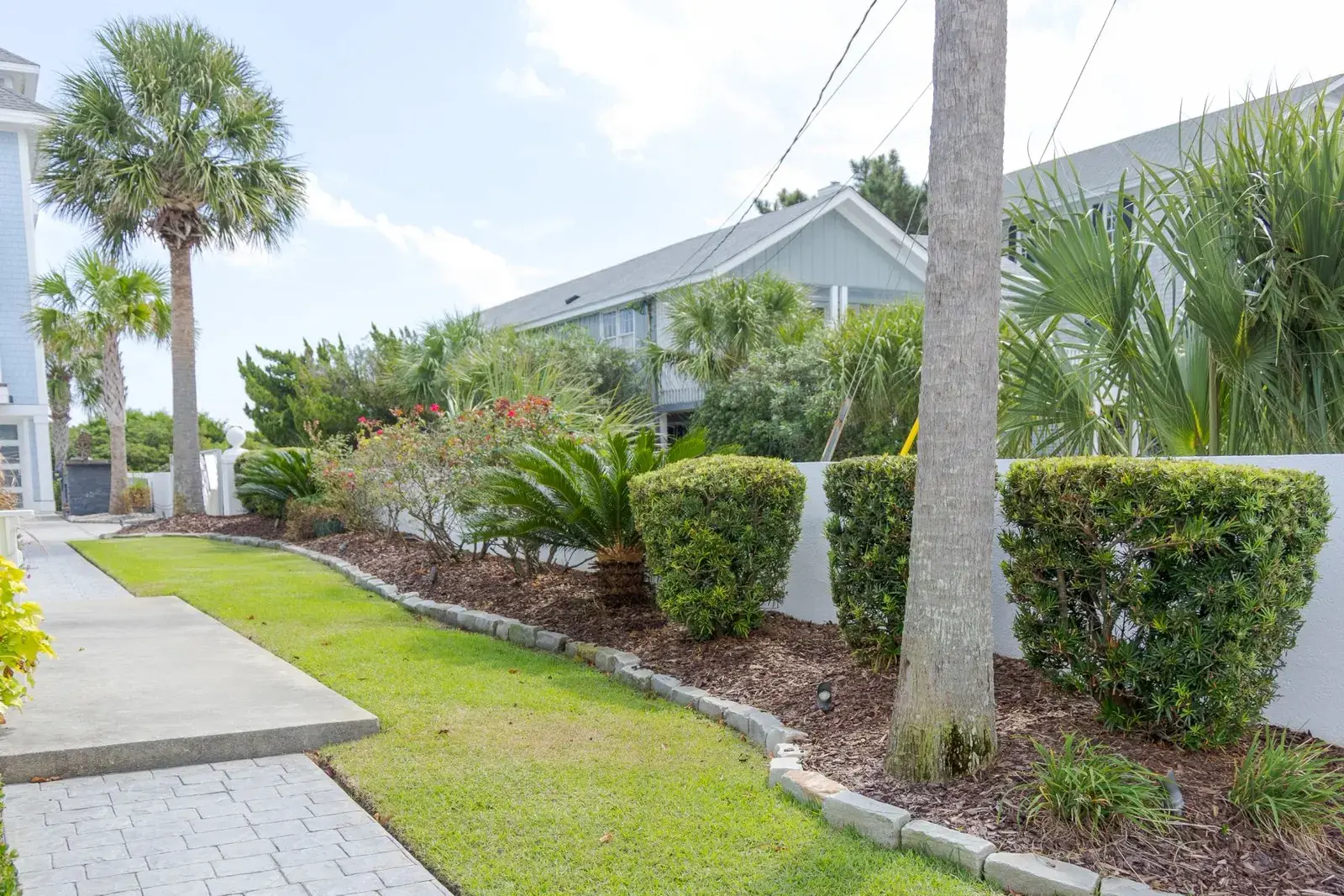 Paver walkway edged with mulched beds and palms near the water